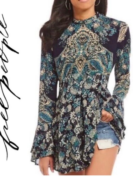 Free People Tops - Free People Lady Luck Paisley Boho Tunic Fairy Festival Top Blue Teal Size M